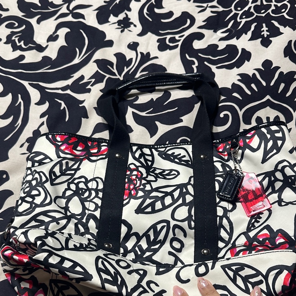 Coach Black and White Tote with Red Floral Design